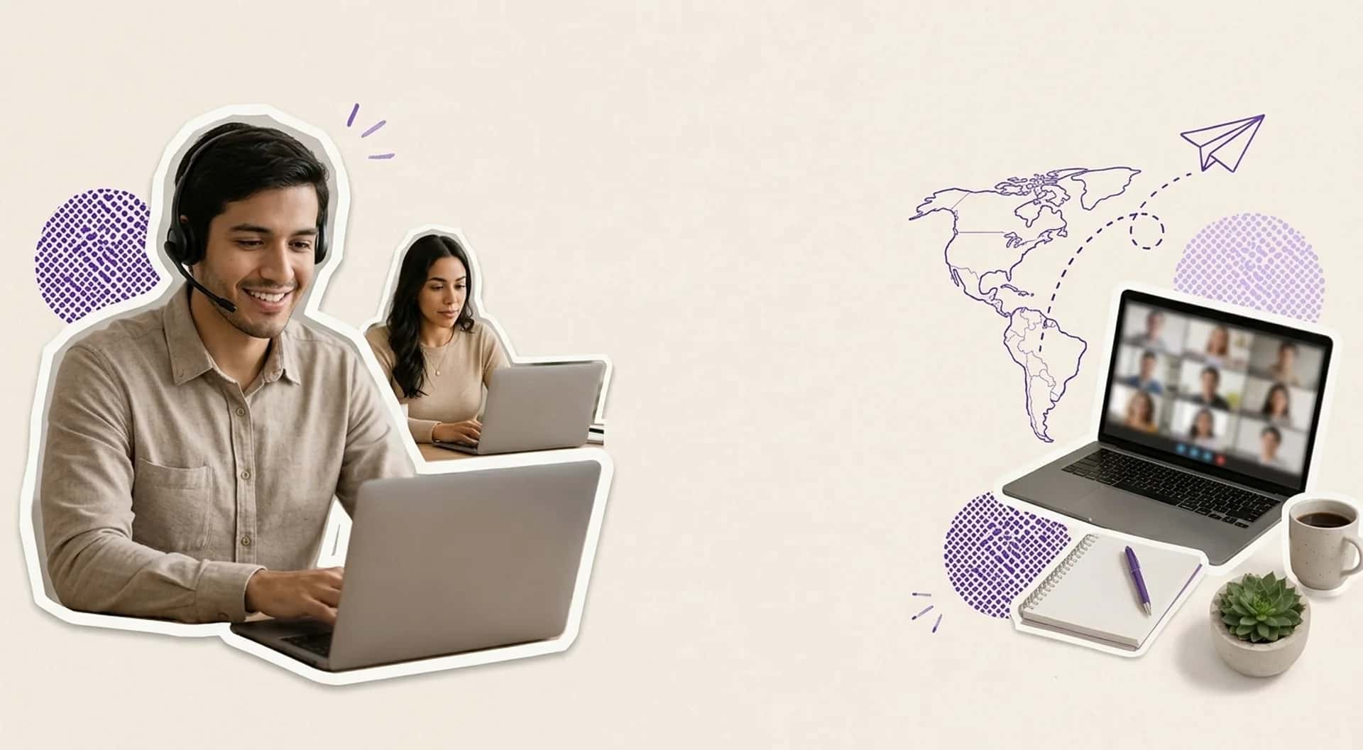 Remote professionals from Latin America working on video calls, with a map of the Americas