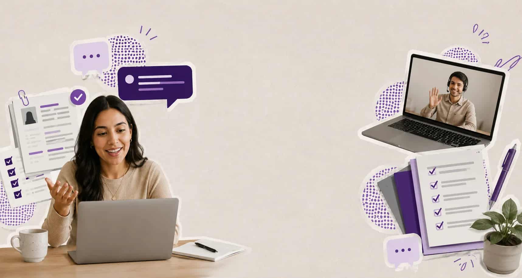 Remote professional on a video call from a home office, with checklists and chat bubbles