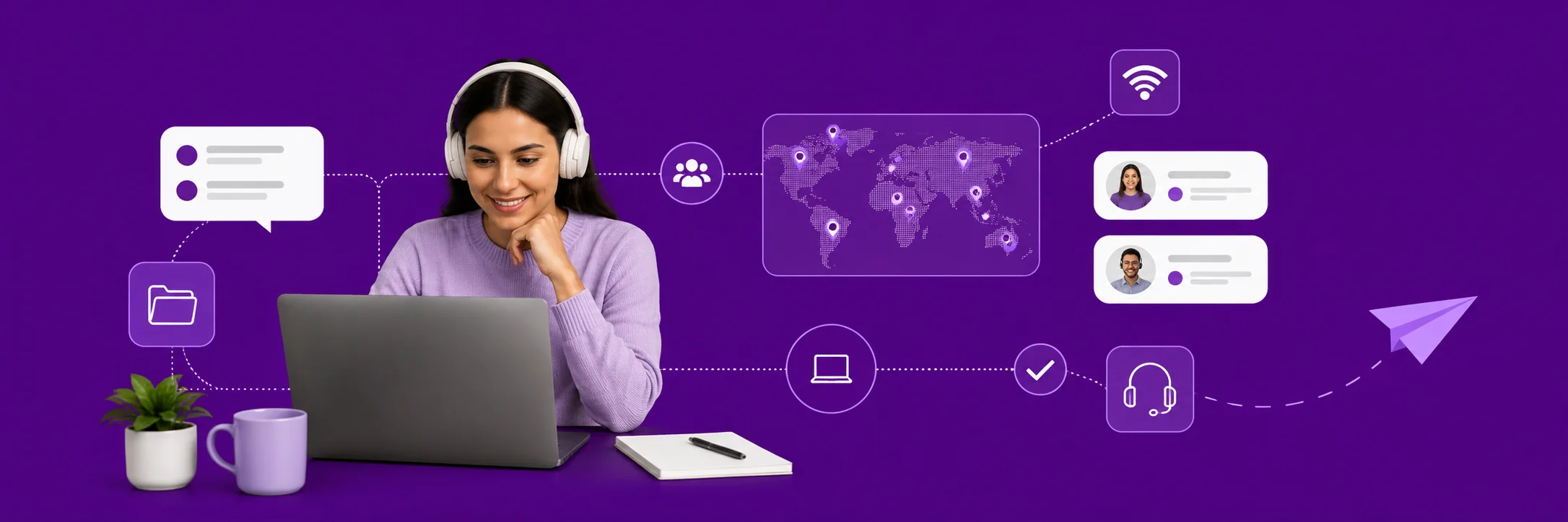 Remote professional with headphones working on a laptop, connected to a global team