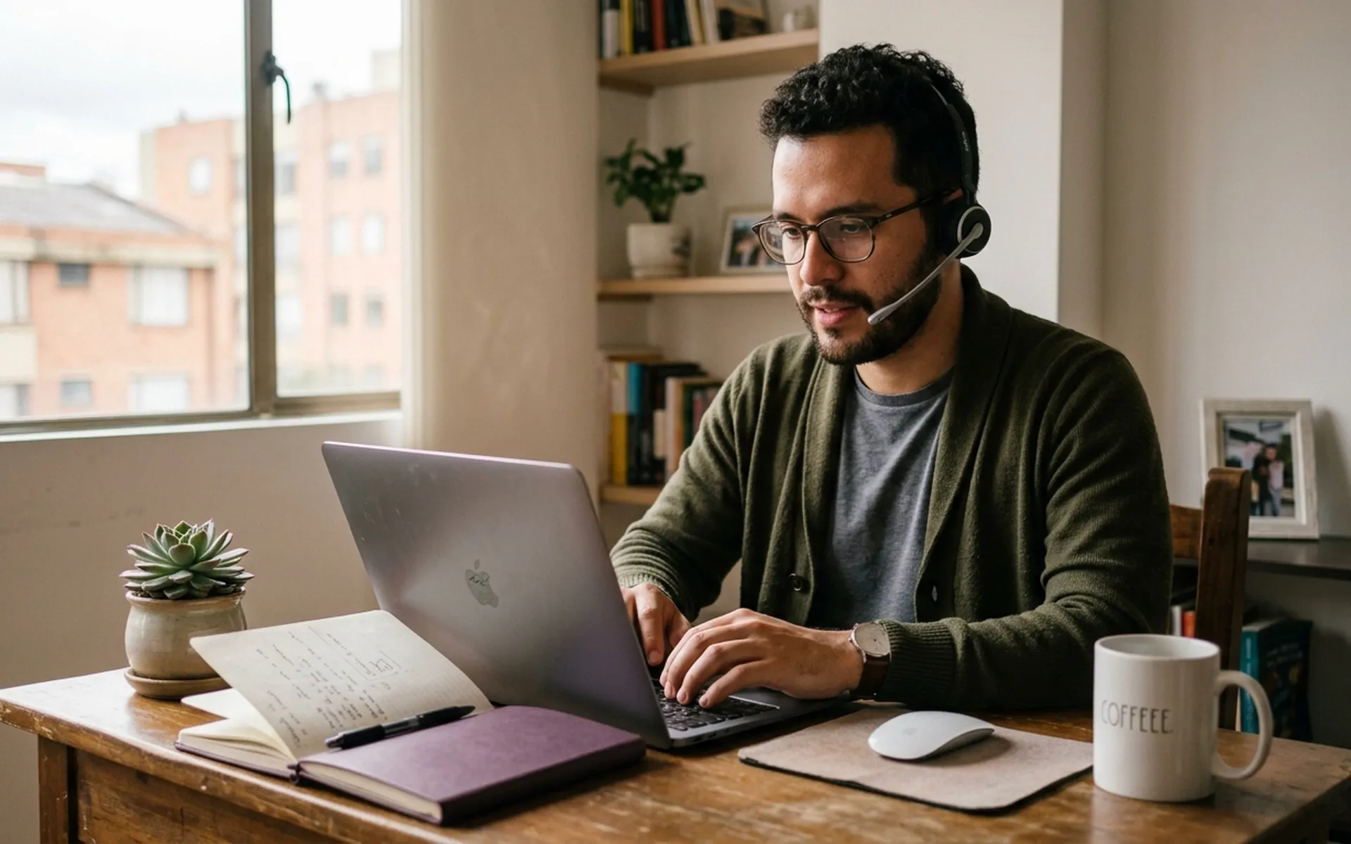 Guest communications specialist answering guest messages with a headset