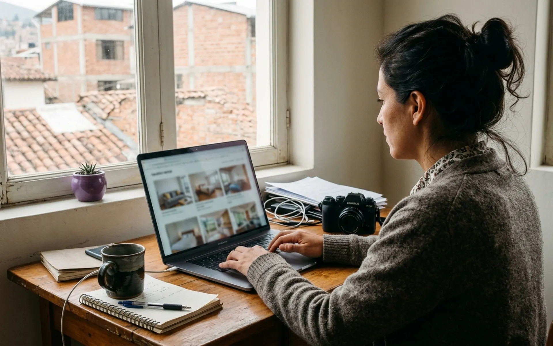 Listing optimization specialist reviewing vacation-rental photos on a laptop
