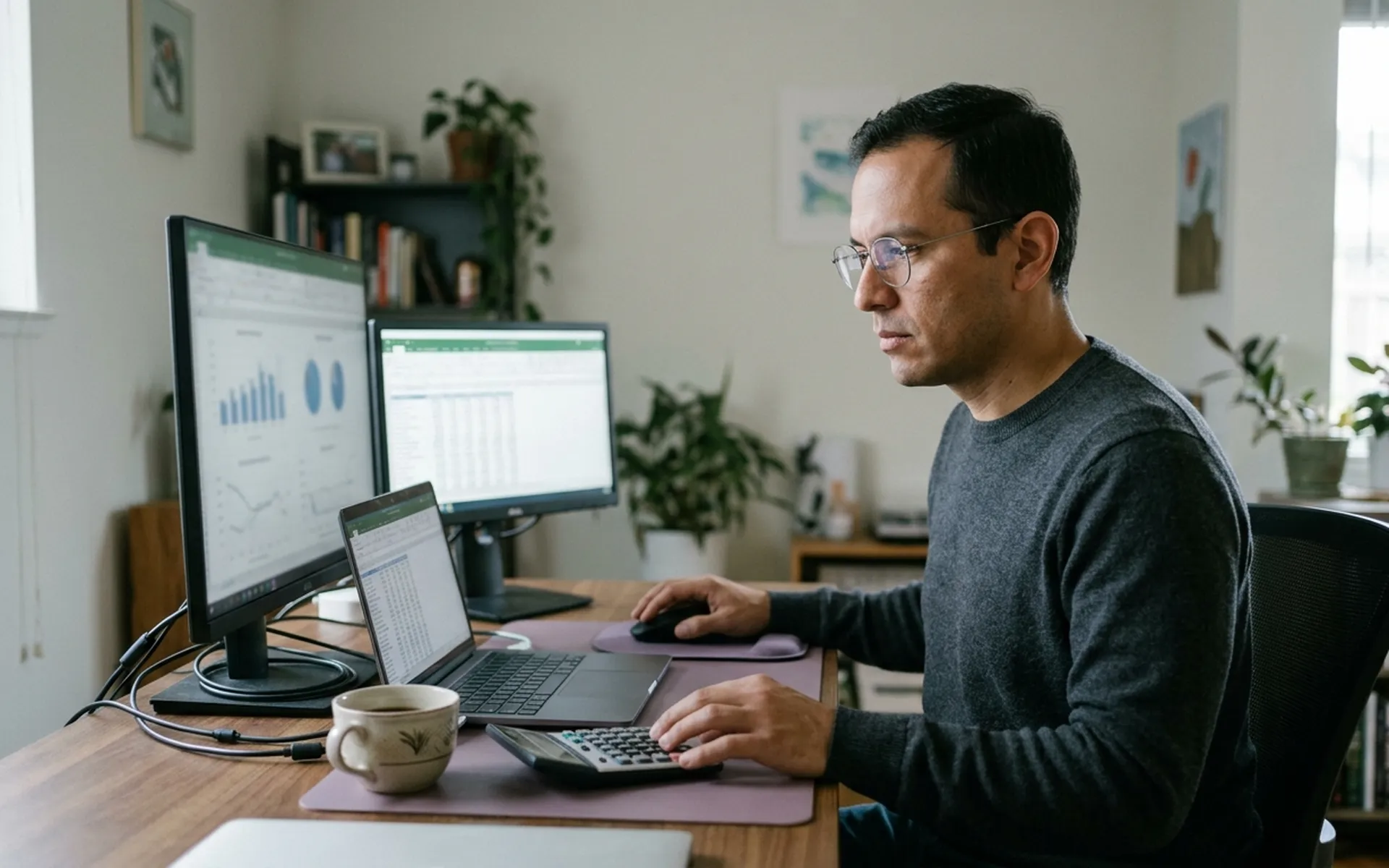Revenue manager reviewing pricing and occupancy dashboards on two monitors