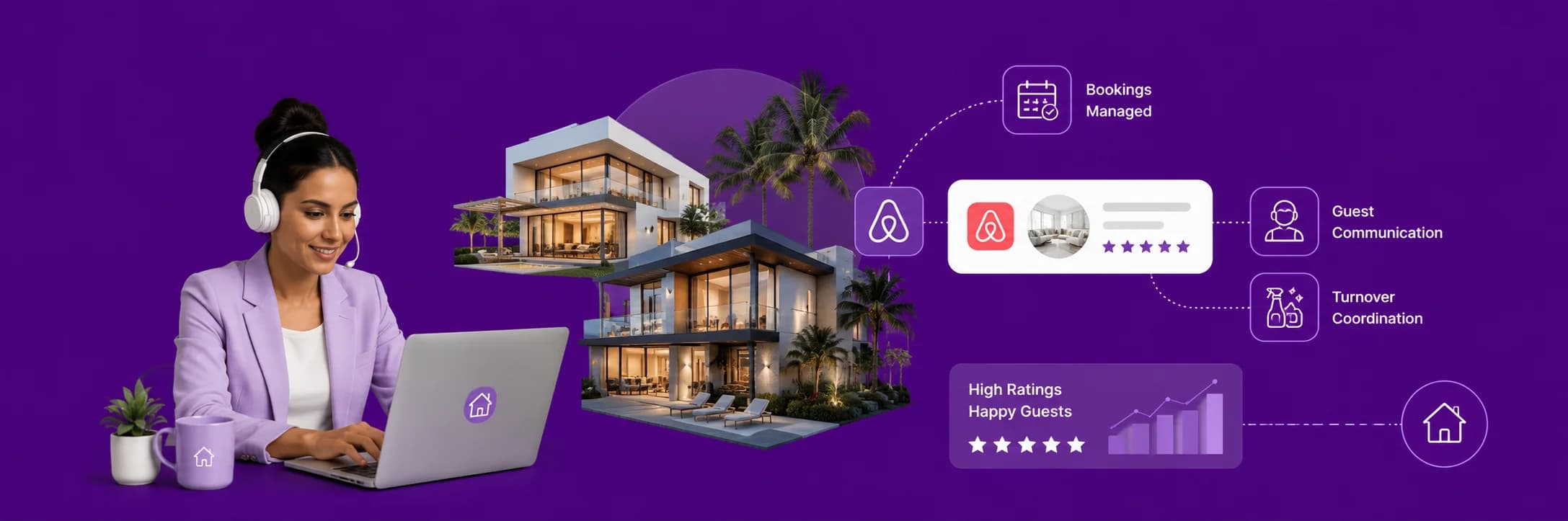 Virtual assistant with a headset managing vacation rental bookings and guest messages
