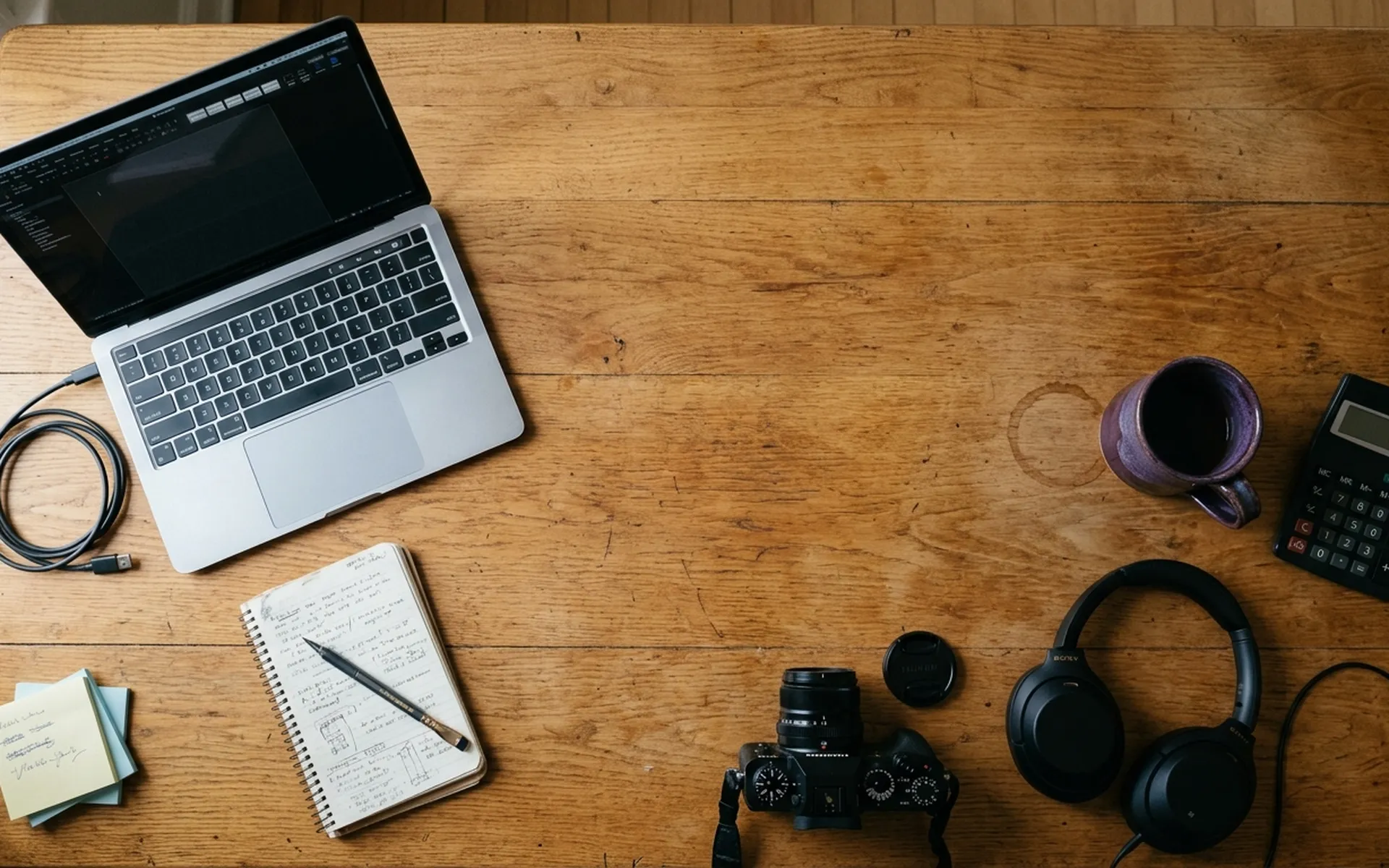 Overhead view of a remote work desk with a laptop, notebook, headphones, camera and coffee
