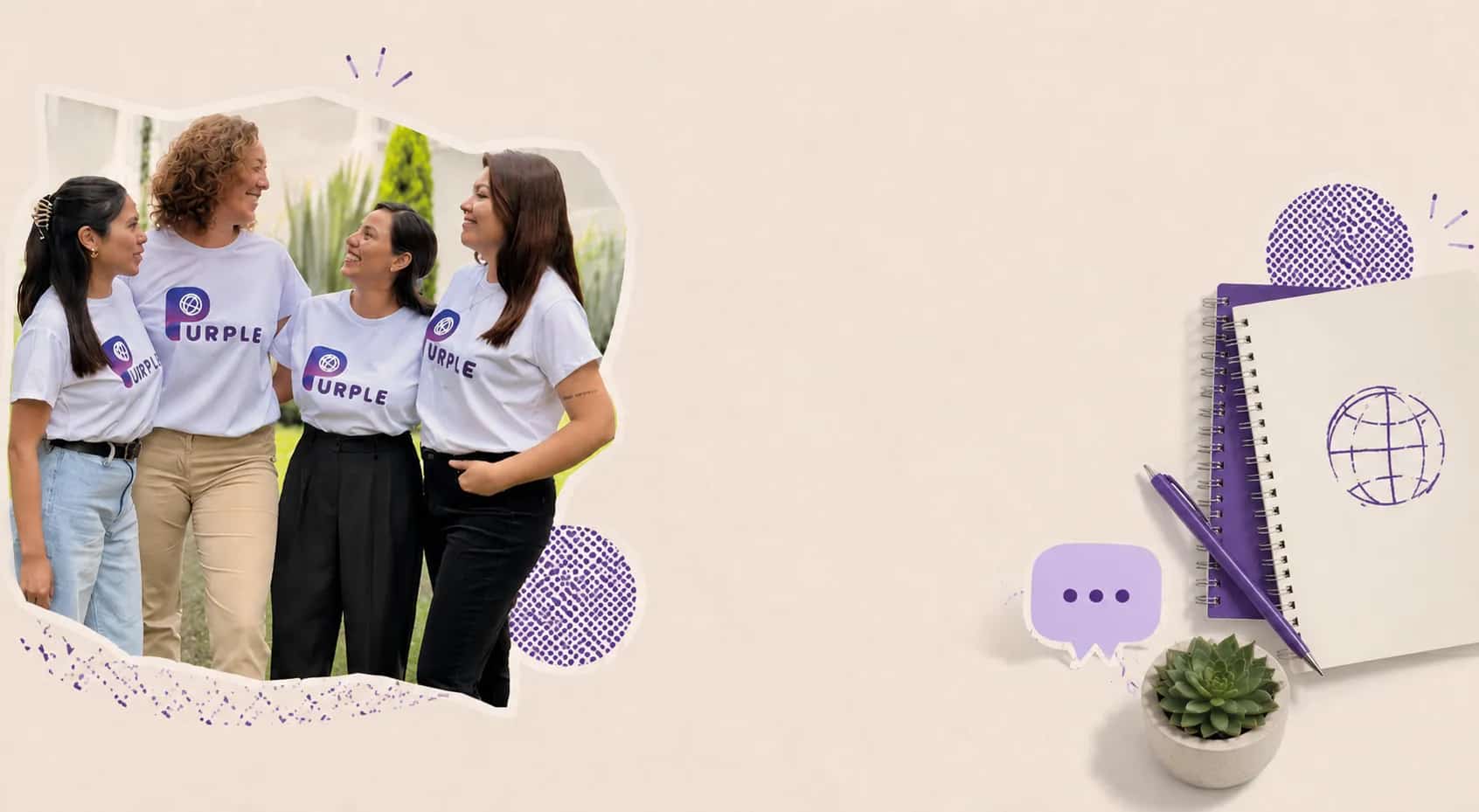 Purple Hiring team members in company T-shirts, with a notebook and a globe
